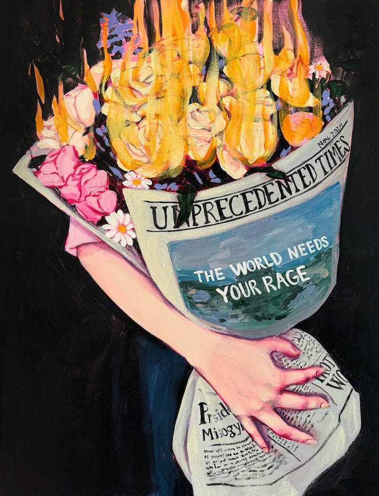 Artfelt Puzzles Rage artwork bouquet of flowers on fire by artist Lindsey Cherek