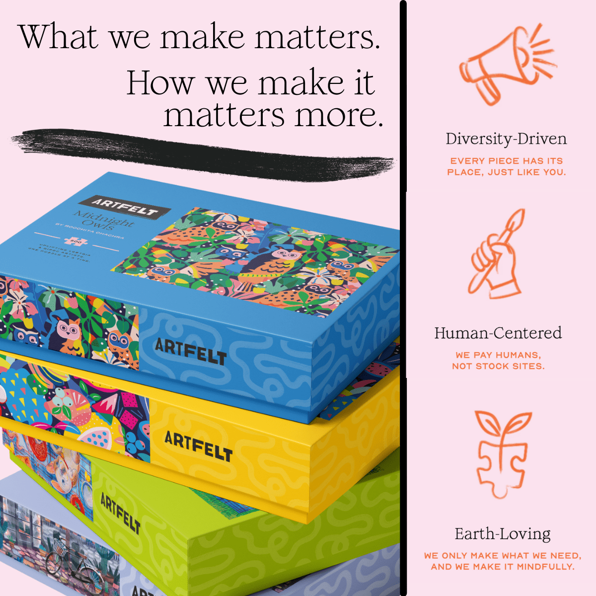 Stack of puzzles with product features