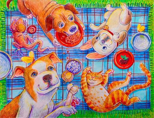 Picnic Pets jigsaw puzzle artwork by illustrator bats langley