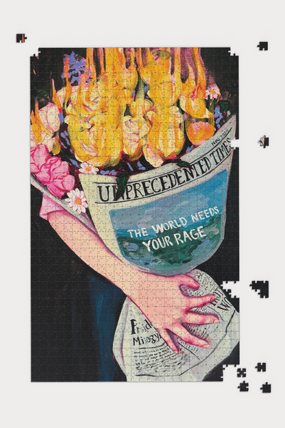 Artistic depiction of a hand holding flowers with a magazine titled 'Unprecedented Times' on a white background.